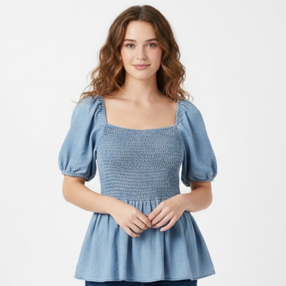 Blue Smocked Peplum Top